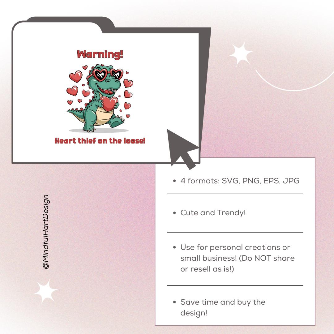 T-Rex Valentine DIGITAL DOWNLOAD | Heart Thief Dinosaur Shirt Design | Valentine’s Day Clipart | Cute Dino Sublimation | Kids Valentine Digital File